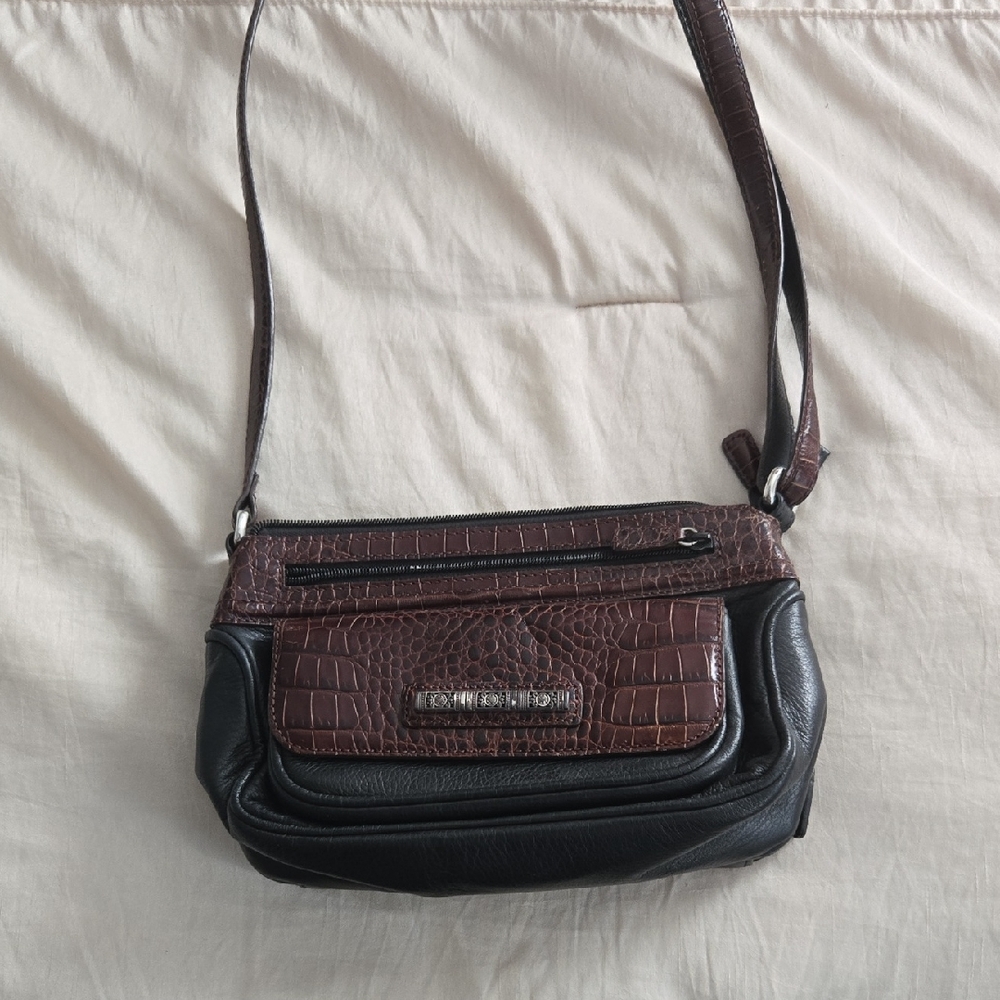 Brighton Croc-Embossed Brown and Black Crossbody Bag
